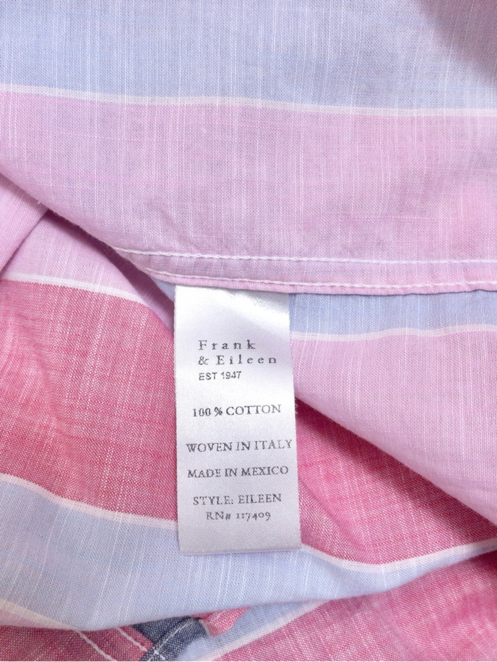Frank & Eileen Italian Cotton Eileen Button-Up Shirt XS Pink Navy Wide Stripe - Picture 9 of 9
